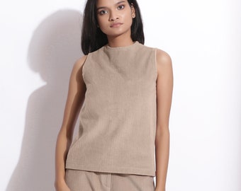 Taupe Beige Funnel Neck Top, 100% Cotton Corduroy Slim Fit Top, High Neck Sleeveless Top, Customizable Top, Plus Size, Petite, Tall etsw