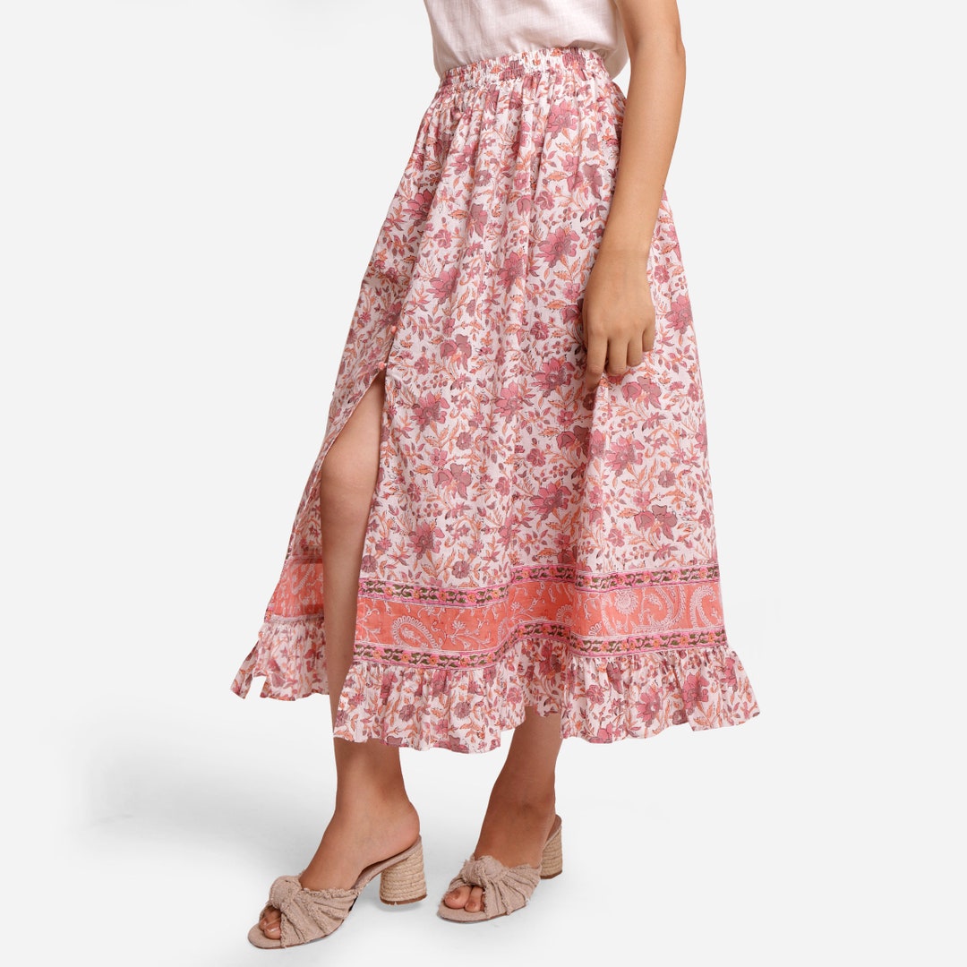 Peach 100% Cotton Block Print Slit Skirt, Mid-rise Maxi
