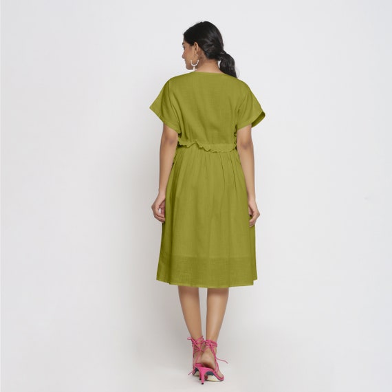 Olive Green Frilled Knee Length Dress, Deep Neck Bohemian Dress, Loose Fit Dress, Customizable Dress with Pockets etsw Olive Green Frilled Knee Length Dress, Deep Neck Bohemian Dress, Loose Fit Dress, Customizable Dress with Pockets etsw