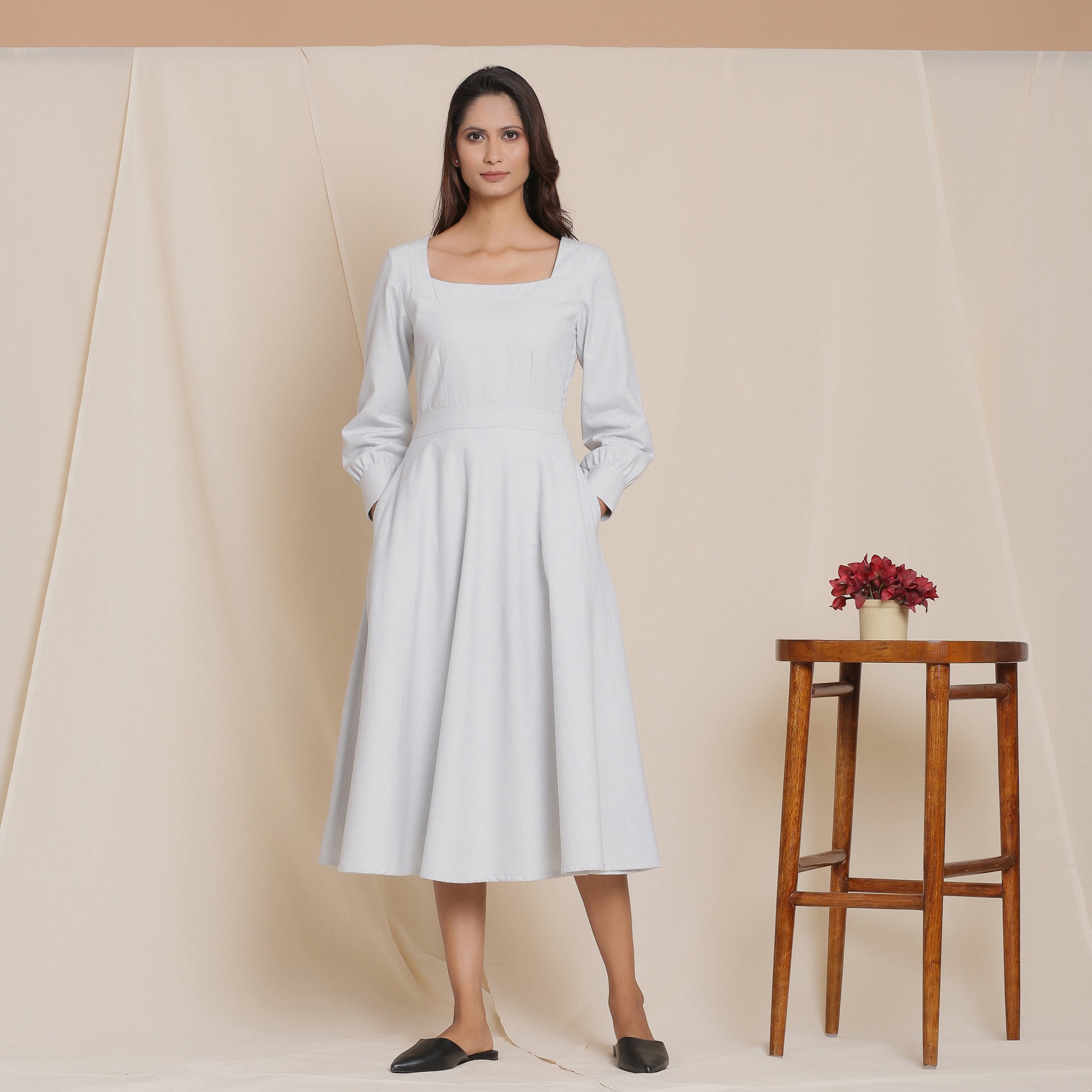 Warm 100% Cotton Flannel Fit and Flare Dress, Square Neck Midi Dress, Customizable Dress, Dress with Pockets, Plus Size, Petite, Tall etsw Warm 100% Cotton Flannel Fit and Flare Dress, Square Neck Midi Dress, Customizable Dress, Dress with Pockets, Plus Size, Petite, Tall etsw