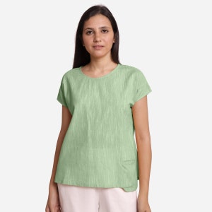 Green 100% Cotton Yarn Dyed Top, Boat Neck A-Line Top, Drop Shoulder Sleeves Top with Pocket, Customizable Top, Plus Size, Petite, Tall etsw