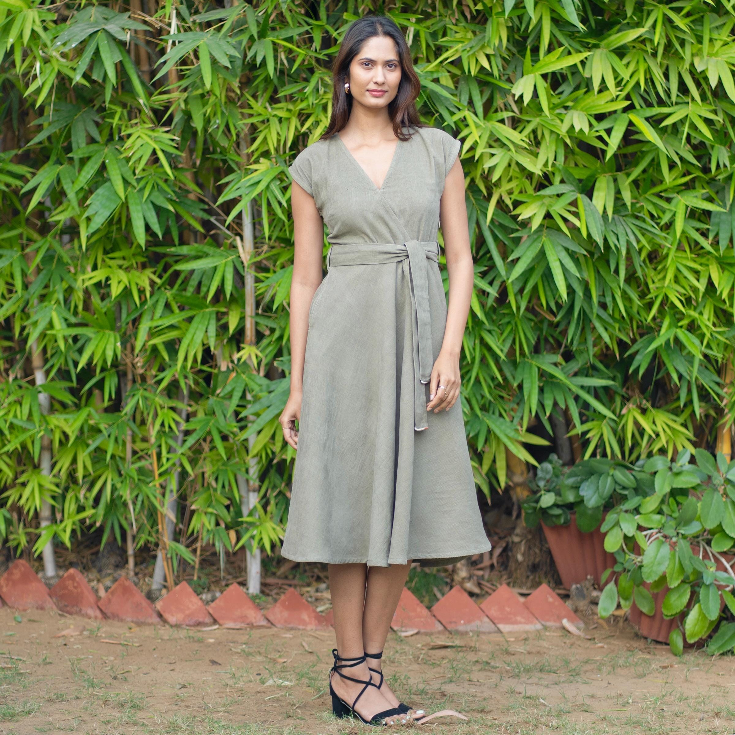 Bronze Grey V-neck Midi Dress, Warm Cotton Corduroy Fit and Flare