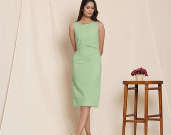 Knee Length Dress, Customizable Dress, 100% Cotton Dress with Pockets, Sleeveless Sheath Dress, Slim Fit Dress, Plus Size, Petite, Tall etsw