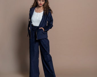 Navy Blue Cotton Velvet Jacket, Hoodie Jacket, Front Open Jacket, Customizable Jacket, Jacket With Pockets etsw