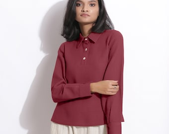 100% Cotton Honeycomb Waffle Barn Red Polo Shirt, Relaxed Collared Shirt Customizable Top, Cuff Sleeves Top, Plus Size, Petite, Tall etsw