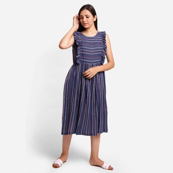 OOS Navy Blue Crinkled Cotton Midi Dress, Customizable Dress for