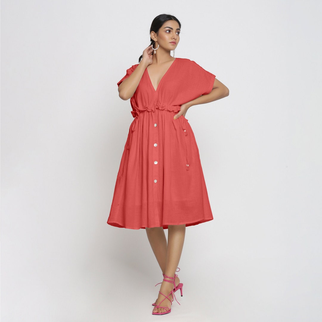 Red 100% Cotton Knee Length Boho Dress Customizable Dress for - Etsy