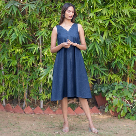 flared denim dress Indigo Cotton V-Neck Denim Dress, Flared Dress with Pockets