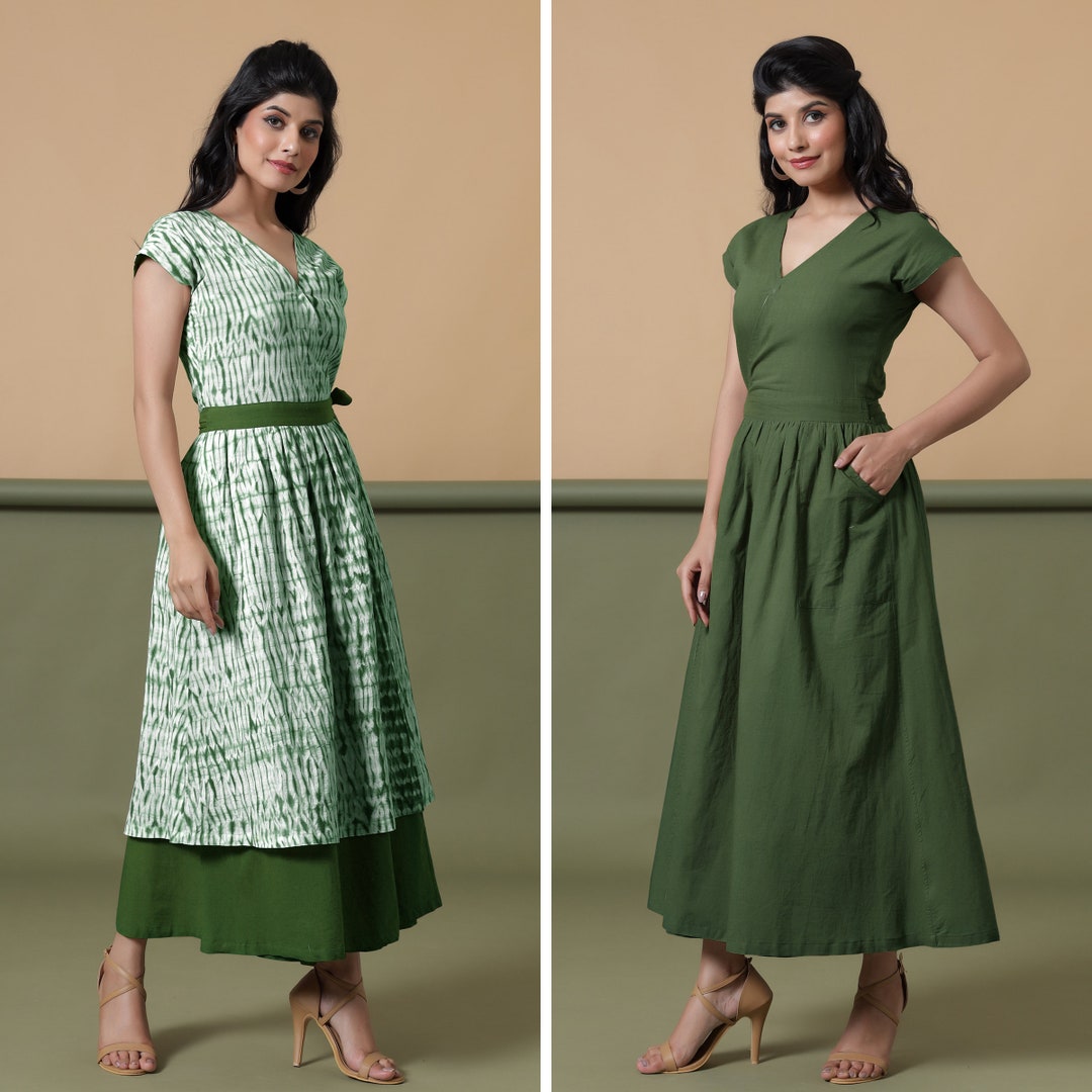 Reversible Shibori Green Cotton Wrap Dress, Maxi Dress, Slim Fit