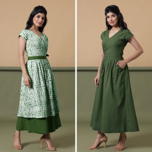 Reversible Shibori Green Cotton Wrap Dress, Maxi Dress, Slim Fit Dress, Dress with Pockets, Customizable Dress, Plus Size, Petite, Tall etsw