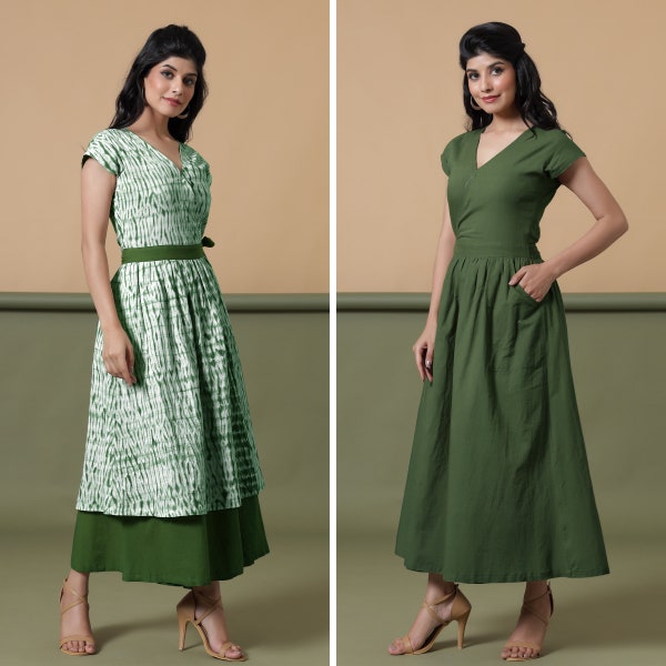 Reversible Shibori Green Cotton Wrap Dress, Maxi Dress, Slim Fit Dress, Dress with Pockets, Customizable Dress, Plus Size, Petite, Tall etsw