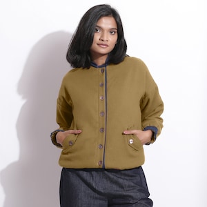 Reversible Green Blue Bomber Jacket, Cotton Waffle Bomber Jacket, Button-Down Jacket