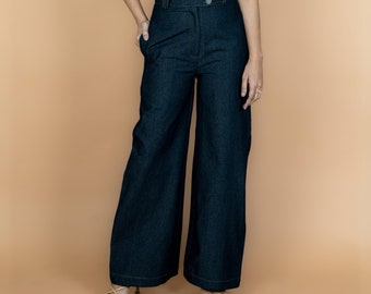 Indigo Cotton Denim Pants, High-Rise Flared Pants with Pockets - Plus Size, Petite, Tall ETSW