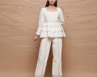 Chic Jute Laced Peplum Top and Pant Set, Cotton Muslin Matching Co-ord Sets, Customizable Undyed Ecru Set