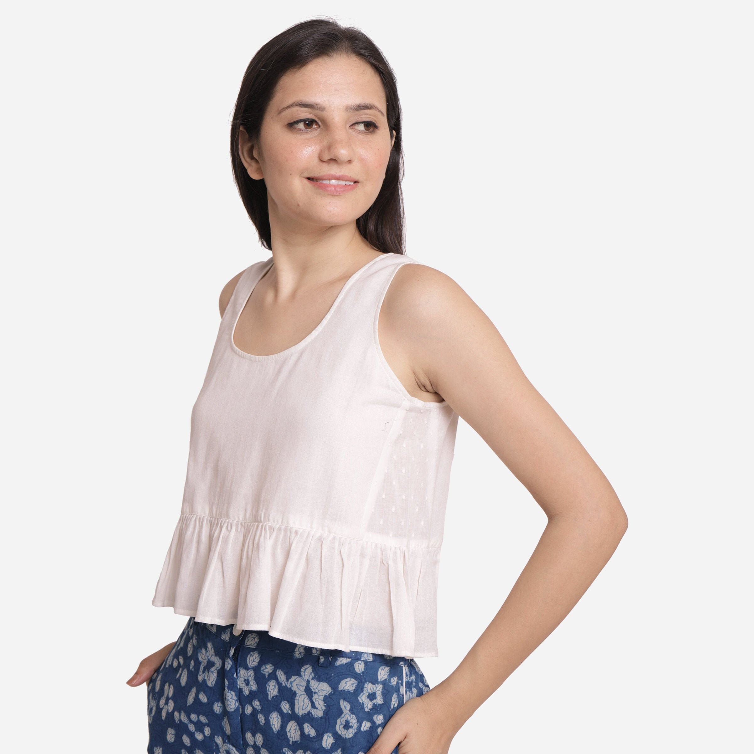 Off white 100 Cotton Peplum Top Sleeveless Top Round Neck Top