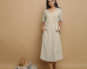 Undyed Crinkled Cotton Flax Dress, Maxi Wrap Dress, Flared Dress, Ecru Dress with Pockets, Customizable Dress, Plus Size, Petite, Tall