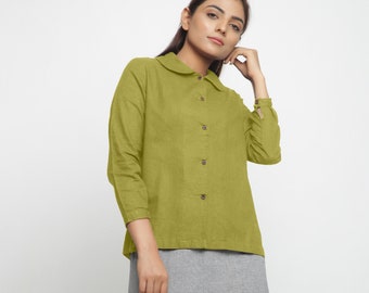 Cotton Flax Shirt Top, Customizable Top, Cuff Sleeve Shirt, Peter Pan Collar Top, Relaxed Fit Top, Plus Size, Petite, Tall etsw