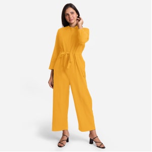 Cotton Flax Jumpsuit, Button-Down Flat Collar Jumpsuit, Customizable Jumpsuit with Pockets, Plus Size, Petite, Tall etsw