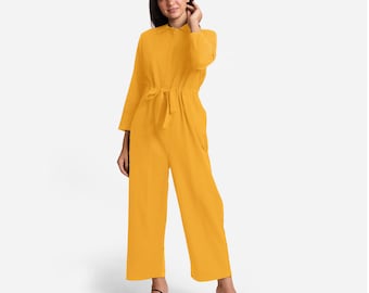 Mono de lino de algodón, mono de cuello plano con botones, mono personalizable con bolsillos, talla grande, petite, alto etsw