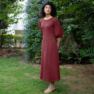 Brown Waffle Maxi Dress, Fit & Flare Cotton Dress with Pockets, Balloon Sleeves, Customizable, Plus Size Dress, Petite, Tall etsw image 9