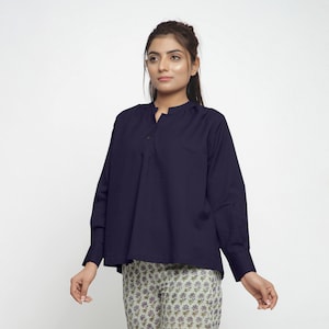 Navy Blue Cotton Flax Top, Solid Yoked Top, Mandarin Collared Top, Customizable Top, Cuff Sleeves Top, Plus Size, Petite, Tall etsw