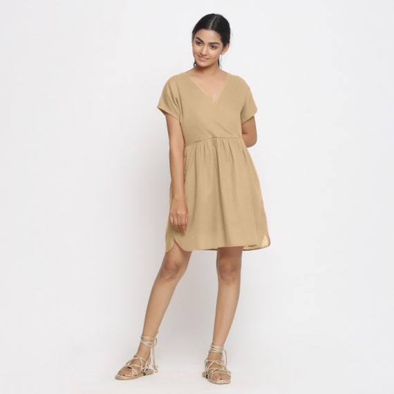 Beige 100% Cotton Short Dress, Customizable Dress for Women, Comfort Fit Dress with Pockets Beige 100% Cotton Short Dress, Customizable Dress for Women, Comfort Fit Dress with Pockets