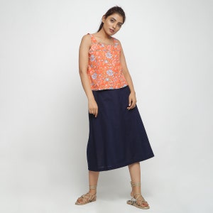 Floral Block Print Top and Navy Blue Skirt Set, Comfy Set, Customizable Set