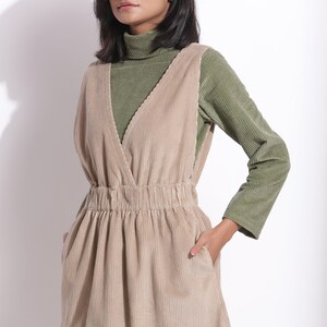 Taupe 100% Cotton Corduroy Midi Dress, Customizable Dress, Pinafore Dress with Pockets, V-Neck Dress,, Plus Size, Petite, Tall etsw image 2