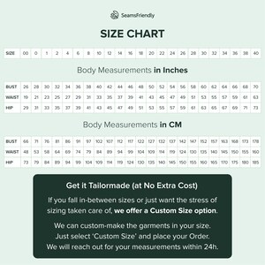 May include: Size chart for clothing with measurements in inches and centimeters. The chart shows bust, waist, and hip measurements for sizes 00 to 40. The chart also includes the text "Get it Tailormade (at No Extra Cost)" and "We offer a Custom Size option."