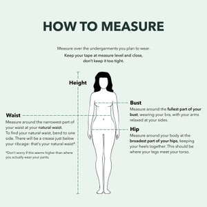 May include: A diagram showing how to measure height, bust, waist, and hip measurements. The diagram shows a stick figure of a person with lines indicating where to measure.