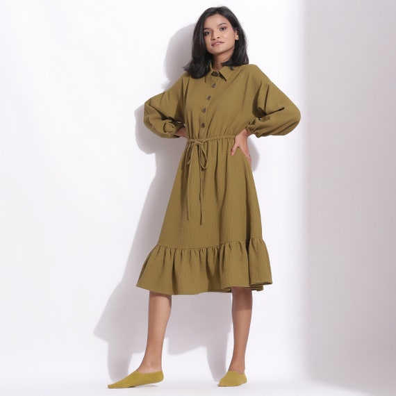 Olive Green 100% Cotton Waffle Button-down Dress, Customizable Dress for  Women, Gathered Knee-length Dress With Pockets - Etsy