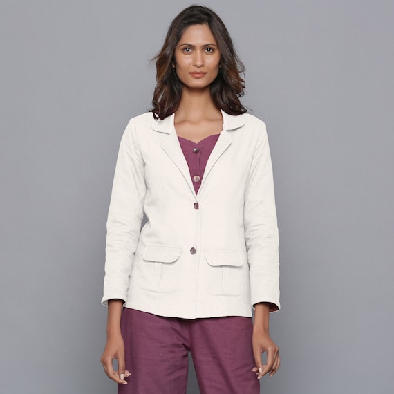 Off-White Slim Fit Blazer, 100% Cotton Flannel Short Notched Collar Blazer, Customizable Blazer with Pockets, Plus Size, Petite, Tall etsw