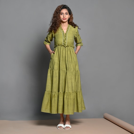 Olive Green 100% Cotton Maxi Dress, Bohemian Dress, Tier Dress,  Customizable Dress, Comfort Fit Dress Etsw - Etsy