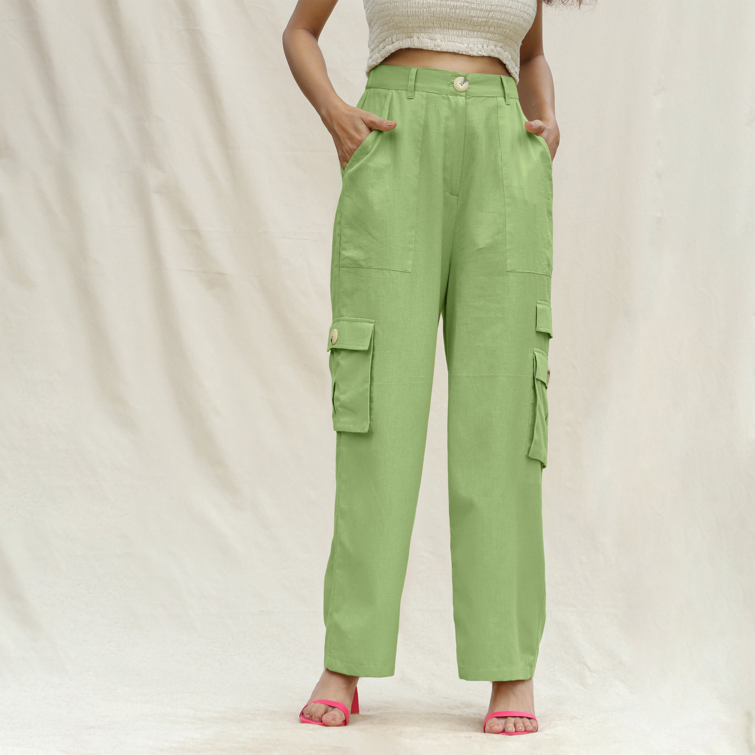 TNQ Women's Cotton Blend Cargo Pants - Elastic Waist With Drawstring & Multiple Pockets