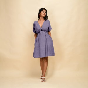 Lavender 100% Linen V-Neck Knee Length Blouson Dress, Dress With Pockets, A-Line Blouson Dress, Customizable Dress  etsw