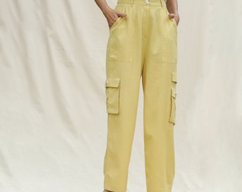 Khakhi Green Cotton Flax Cargo Pant, High-Rise Cargo Pant, Solid Pant, Customizable Pant with Pockets, Plus Size, Petite, Tall etsw