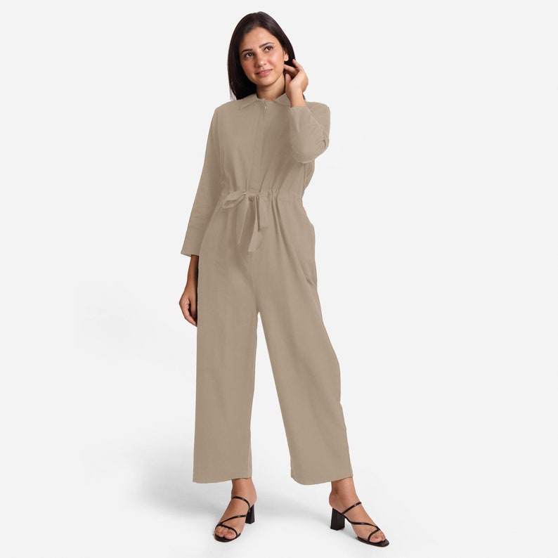Cotton Flax Jumpsuit, Button-Down Flat Collar Jumpsuit, Customizable Jumpsuit with Pockets, Plus Size, Petite, Tall cw etsw image 5