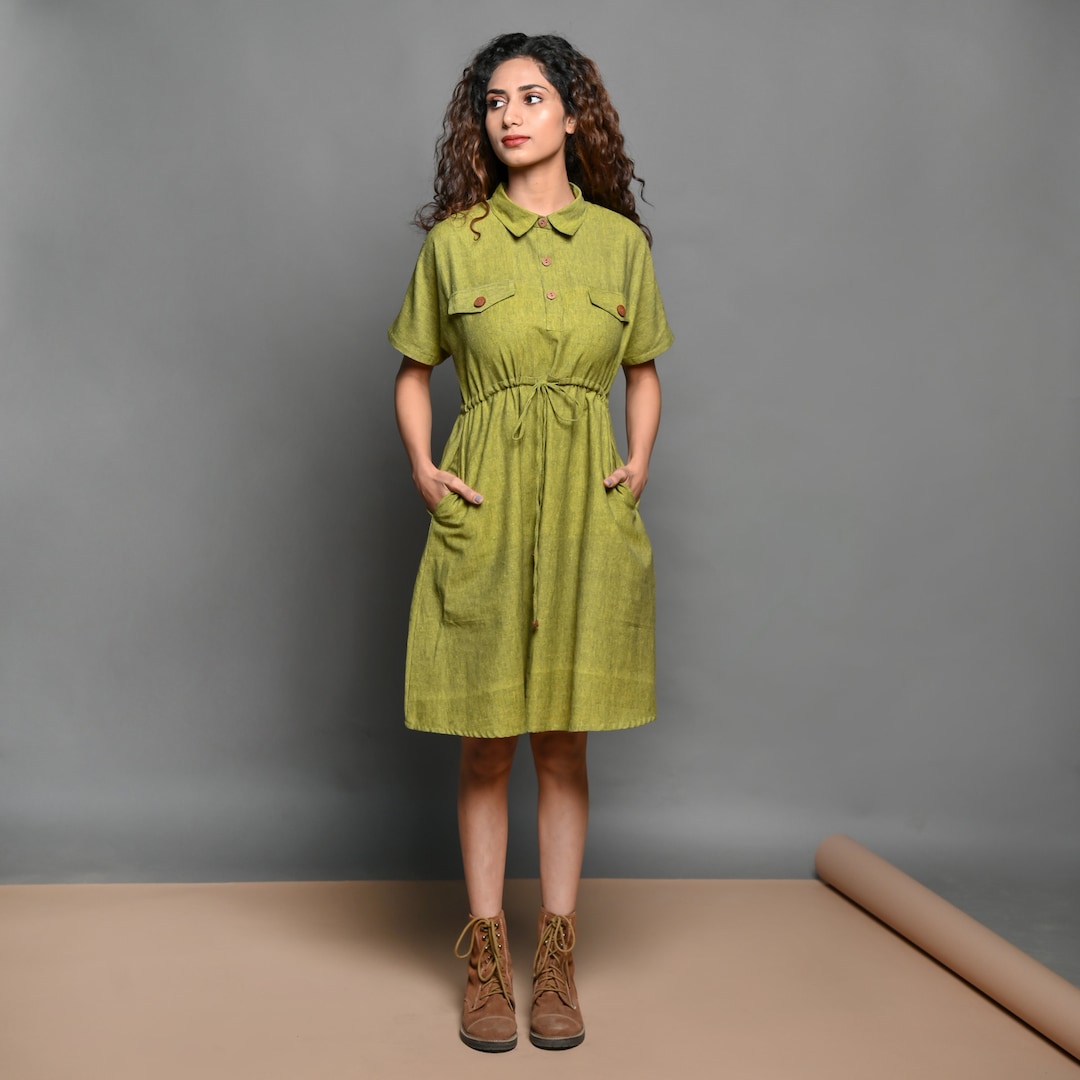 Olive Green 100% Cotton Safari Dress, Shirt Dress with Pockets, Relaxed Fit Short Dress, Customizable Dress, Plus Size, Petite, Tall etsw