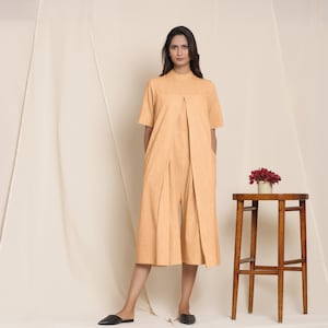 Yellow 100% Cotton Jumpsuit, Customizable Jumpsuit, Pleated Midi Jumpsuit with Pockets, High Neck Jumpsuit, Plus Size, Petite, Tall etsw