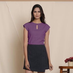 Grape Wine Cotton Flannel Short Top, Cap Sleeve Crop Top, Solid Keyhole Neck Top etsw