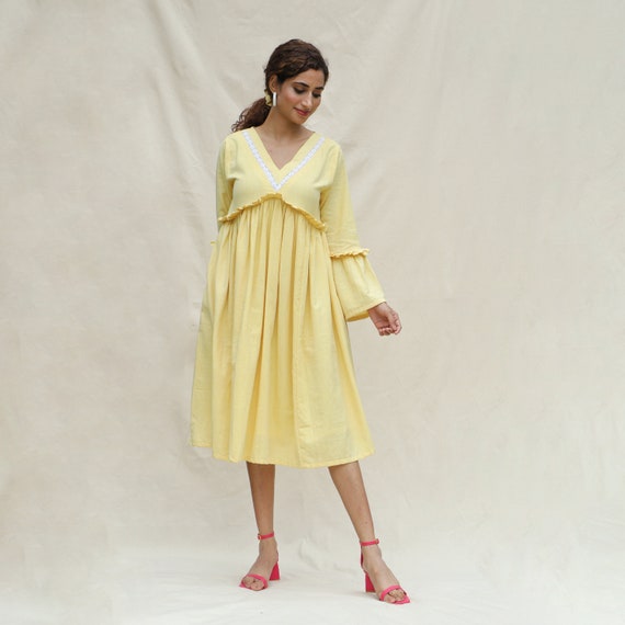 Light Yellow 100% Cotton Bohemian Midi Dress, Yoked Dress, Cotton Lace Dress  With Pockets, Customizable Dress, Plus Size, Petite, Tall Etsw - Etsy Israel