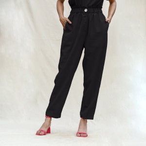 Black Cotton Flax High-Rise Elasticated Paperbag Pant, Elasticated High Rise Pant, Pant With Pockets, Customizable Pant  etsw