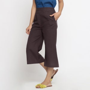Solid Cotton Flax Comfort Fit Culottes, Mid-Rise Elasticated Culottes, Customizable Pant with Pockets, Plus Size, Petite, Tall etsw