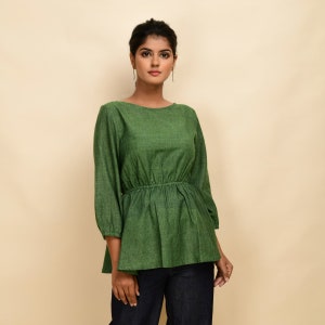 Forest Green Cotton Round Neck Top, Yarn Dyed Peplum Top, Customizable Comfort Fit Top