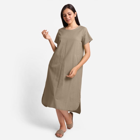 Beige Welt Pocket Shift Dress, Cotton Flax Midi Dress, High Low Shift Dress  With Pockets Etsw - Etsy UK