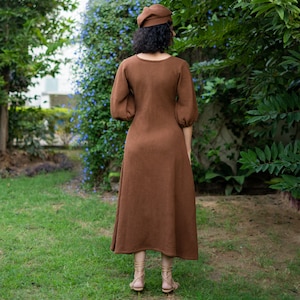 Brown Waffle Maxi Dress, Fit & Flare Cotton Dress with Pockets, Balloon Sleeves, Customizable, Plus Size Dress, Petite, Tall etsw image 3