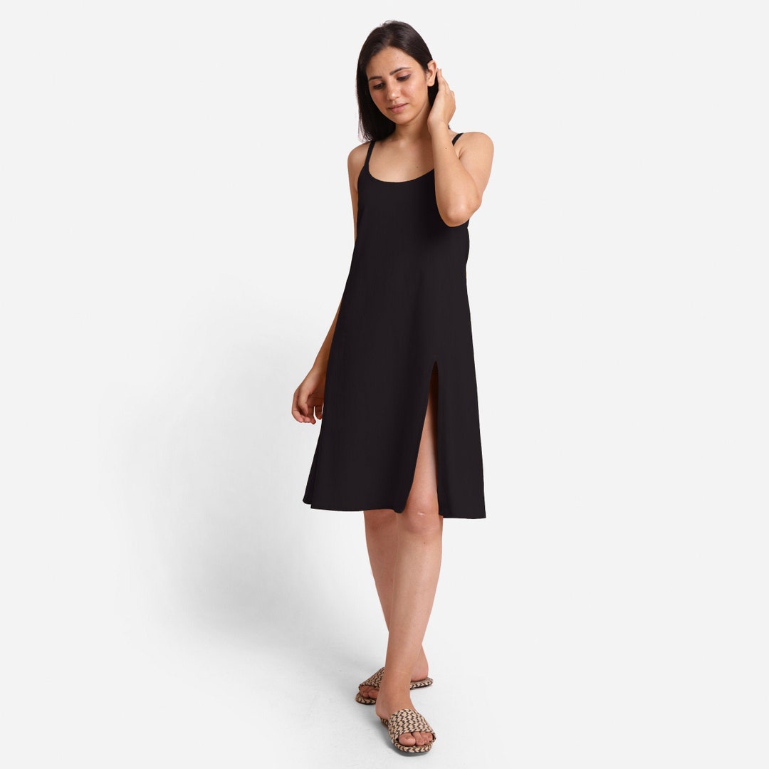 Mustard Cotton Flax Knee Length Strappy Slit Dress