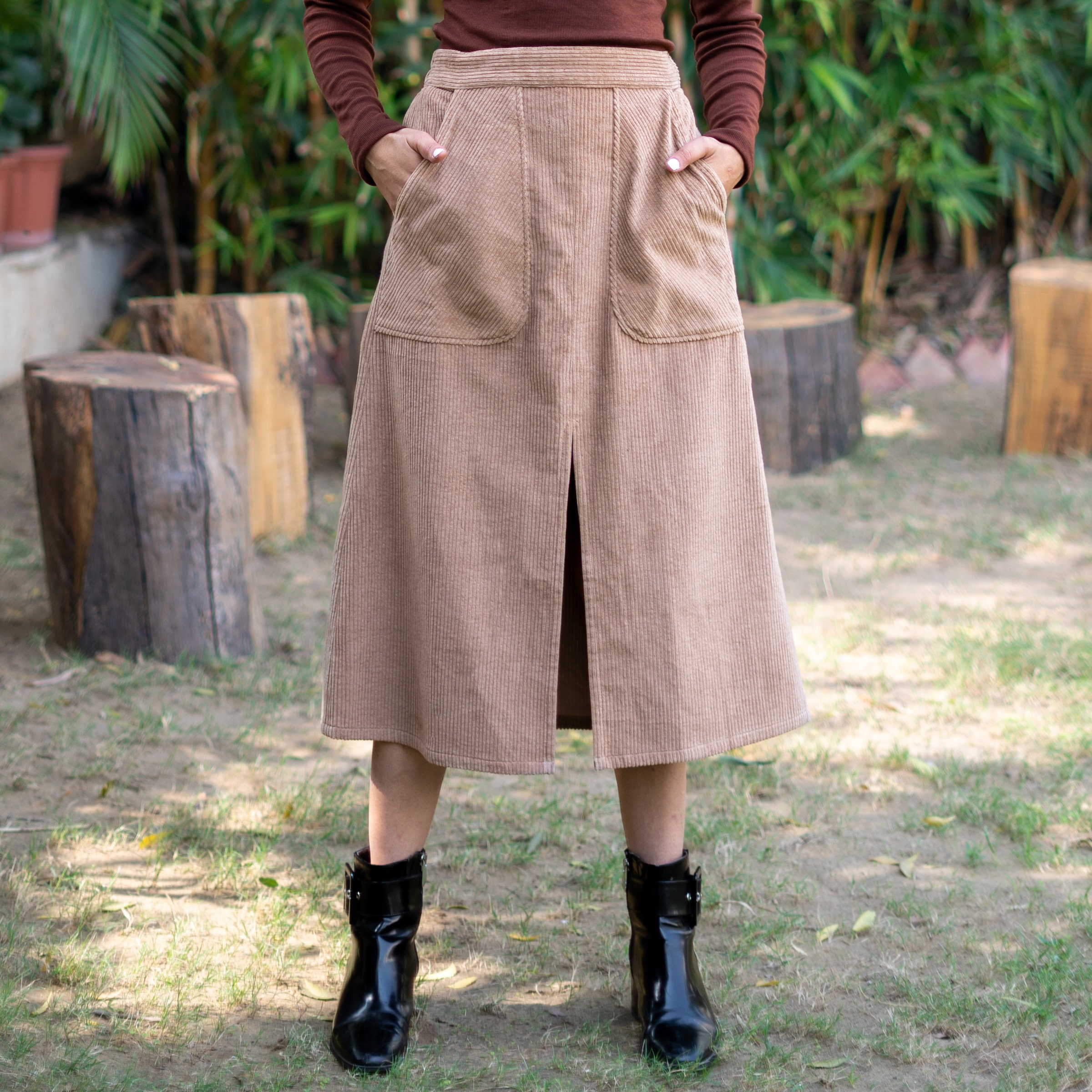 Beige Cotton Corduroy A-line Skirt, Midi Skirt With Pockets