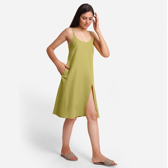 Green Cotton Flax Slit Dress, Customizable Dress for Women, A-Line Slip Dress with Pockets, Strappy Dress, Plus size, Petite, Tall Etsw