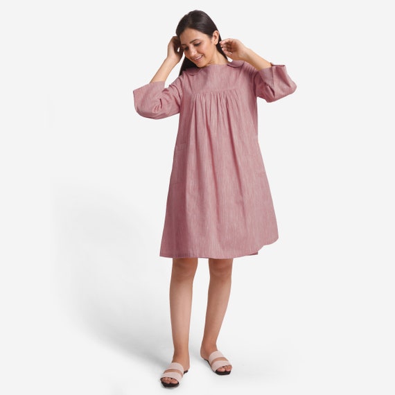 100% Cotton Knee Length Dress, Round Neck Dress, Customizable Dress, Gathered Yoked Dress with Pockets, Plus Size, Petite, Tall etsw